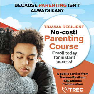 Mother and teen boy embracing. Text reads: Trauma Resilient Parenting Course.